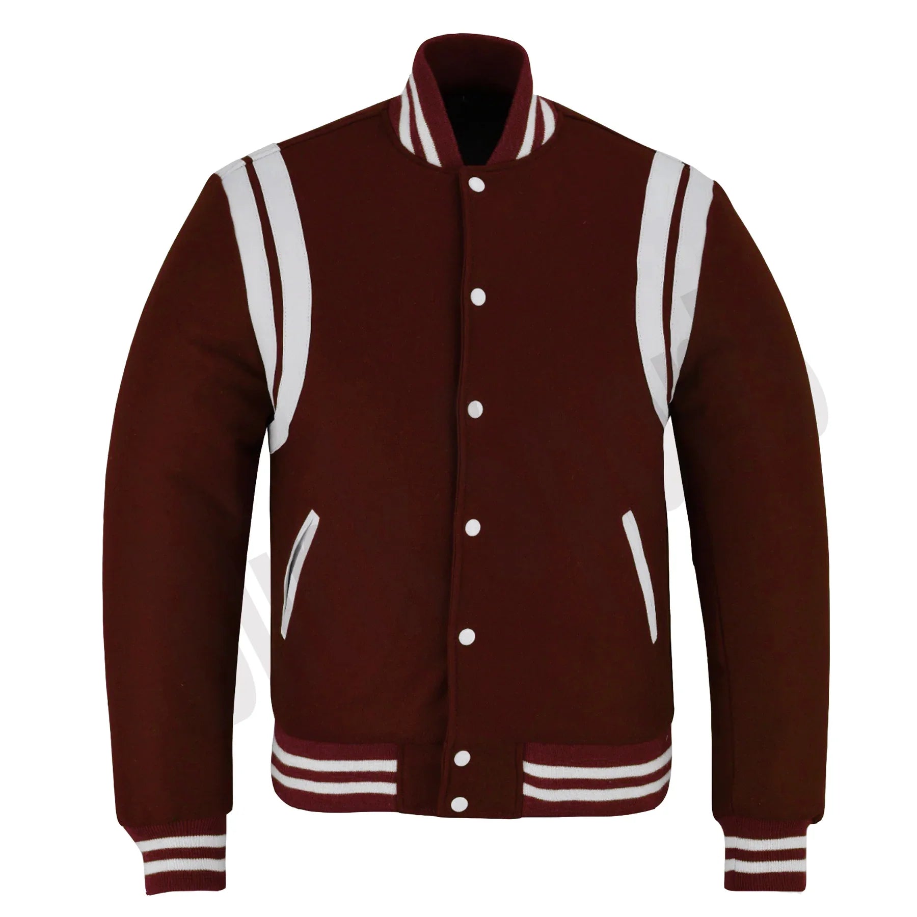 Classic Varisty Letterman Baseball College Jacket Maroon Wool with White Double Leather Strip