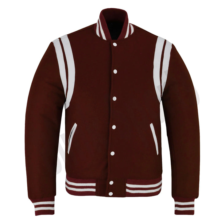 Classic Varisty Letterman Baseball College Jacket Maroon Wool with White Double Leather Strip