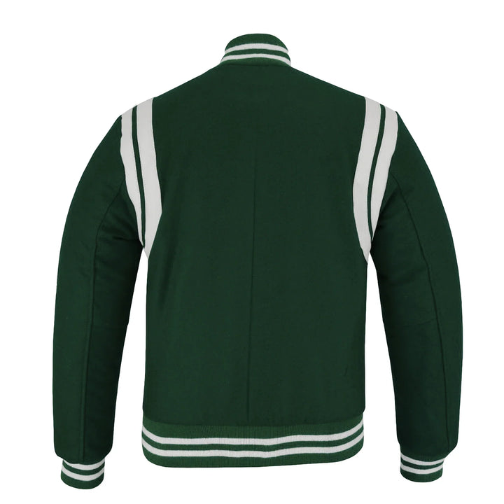 Classic Varsity Letterman Baseball College Jacket Forest Green Wool with White Double Leather Strip