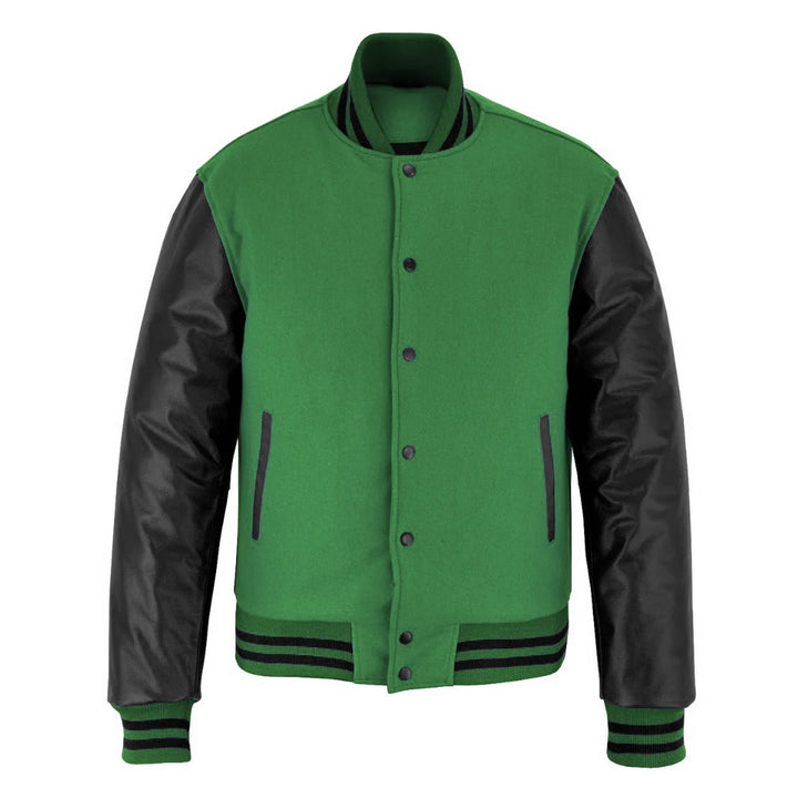 Classic Varsity Letterman Jacket Green Wool With Black Genuine Leather Sleeves