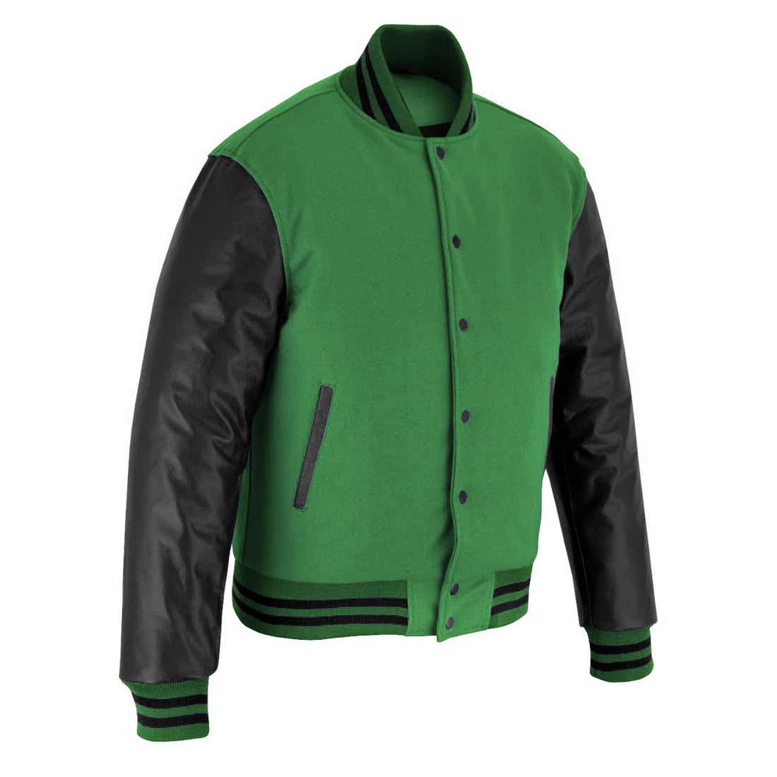Classic Varsity Letterman Jacket Green Wool With Black Genuine Leather Sleeves