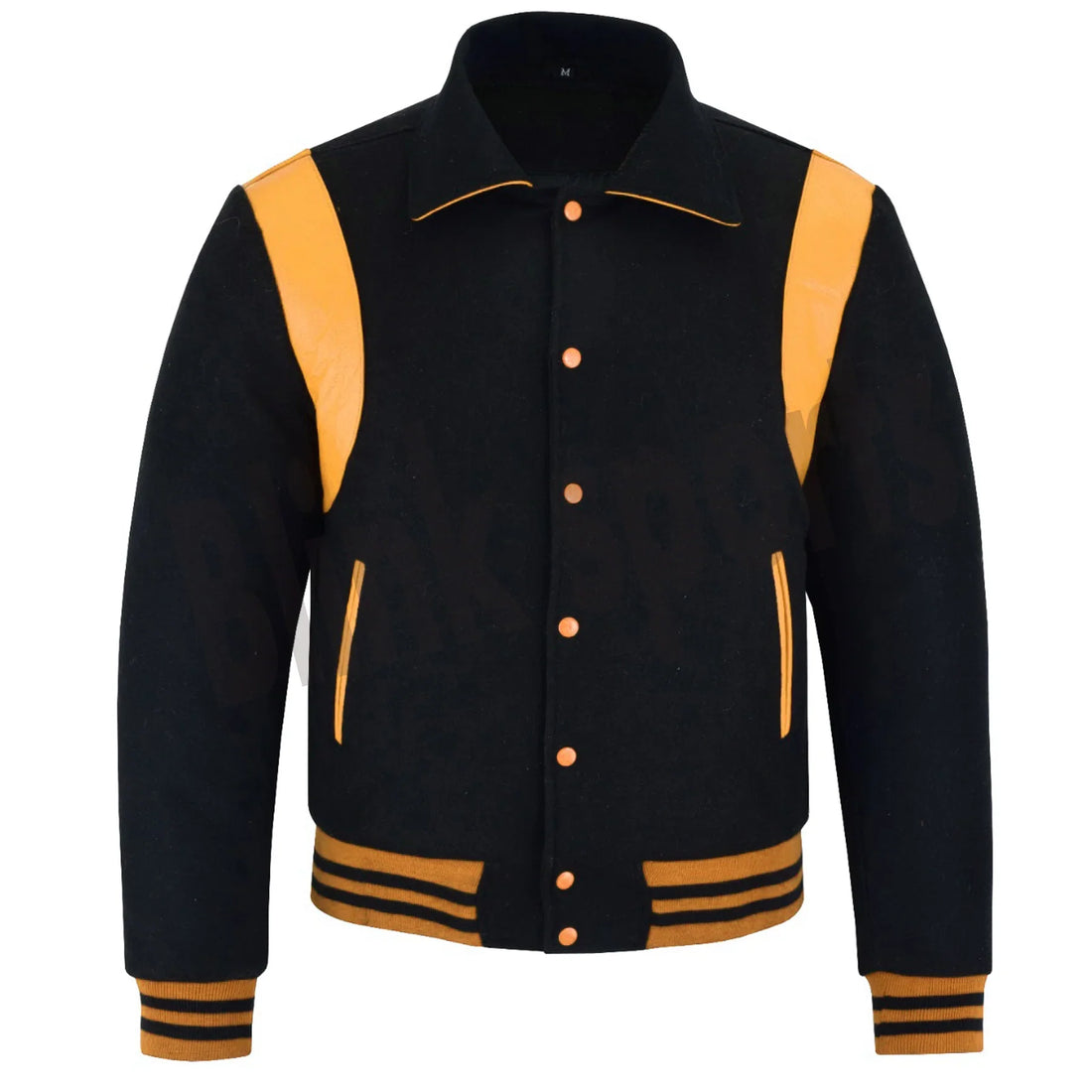 Classic Varsity Letterman Baseball College Jacket Black Wool with Gold Single Leather Strip