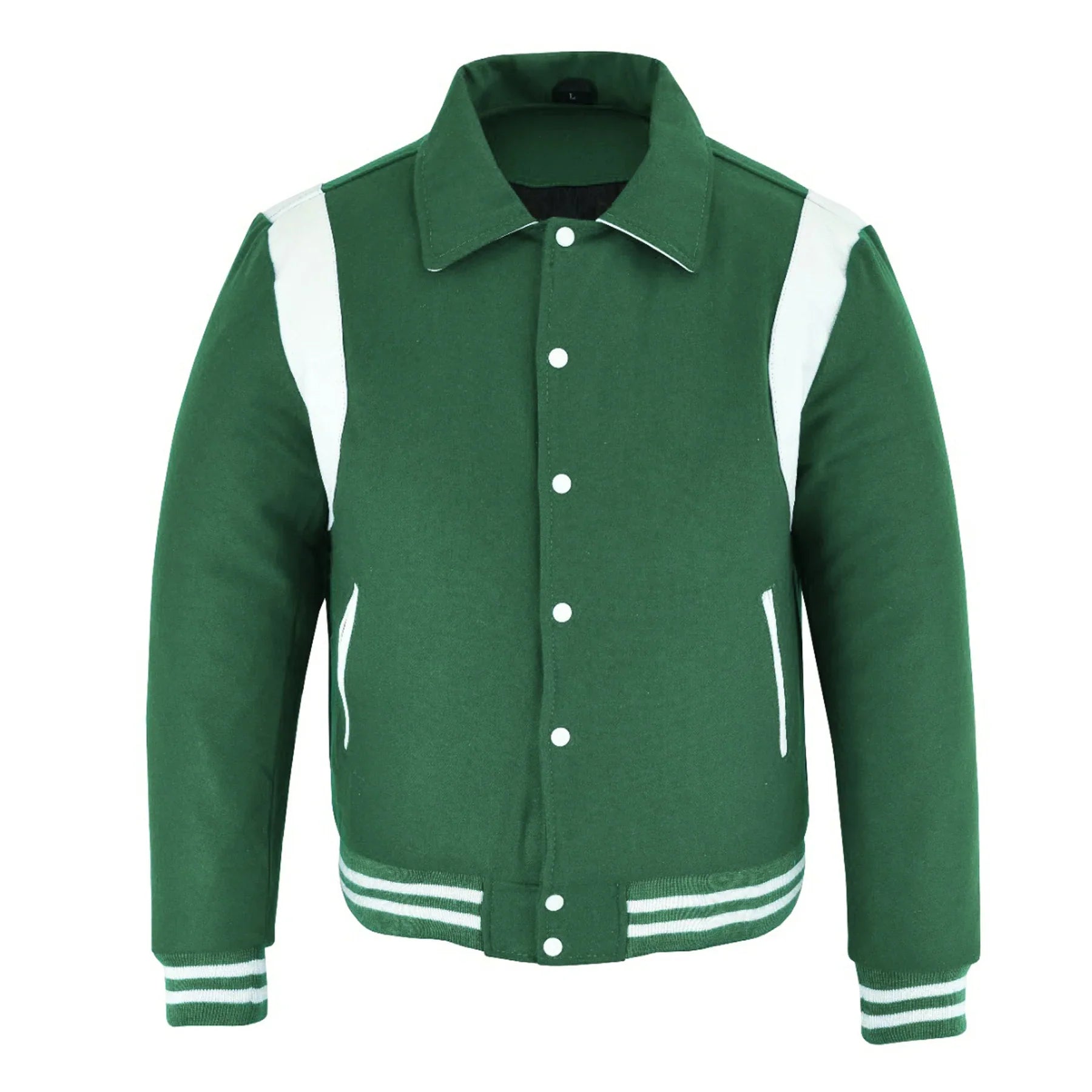 Classic Varsity Letterman Baseball College Jacket Green Wool with White Single Leather Strip
