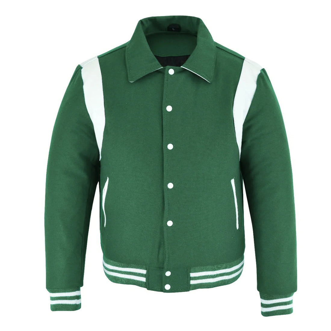 Classic Varsity Letterman Baseball College Jacket Green Wool with White Single Leather Strip