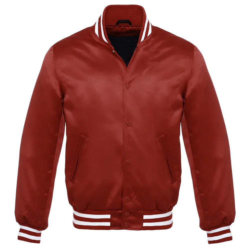 Satin Jacket Vintage Style Letterman Baseball Maroon Bomber Jacket with White Trim