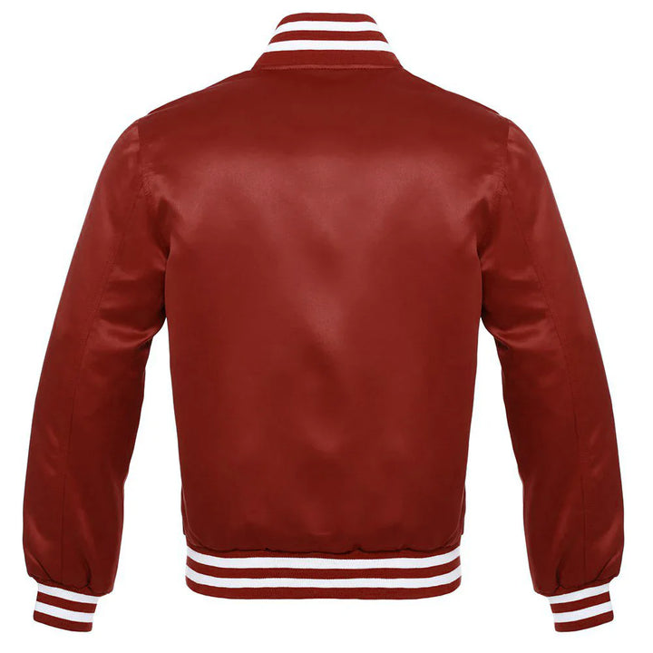 Satin Jacket Vintage Style Letterman Baseball Maroon Bomber Jacket with White Trim