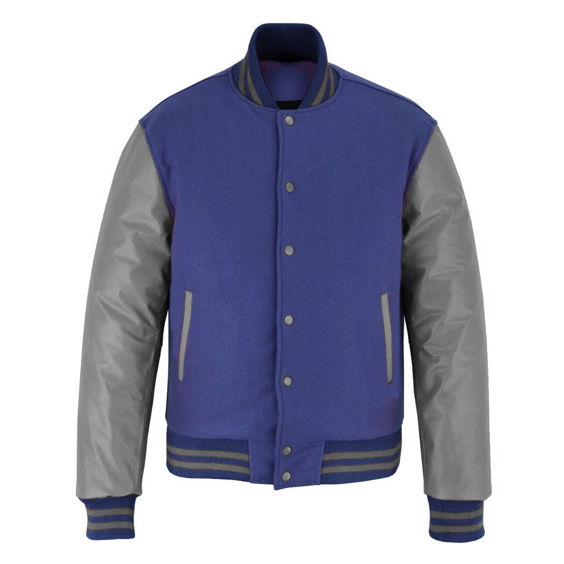 Classic Varsity Letterman Jacket light Navy Wool with Gray Genuine Leather Sleeves