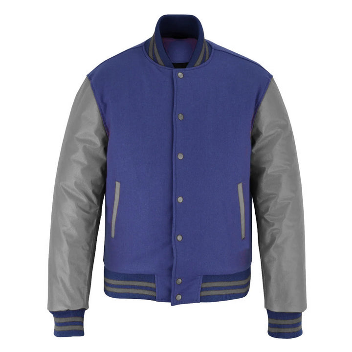 Classic Varsity Letterman Jacket light Navy Wool with Gray Genuine Leather Sleeves