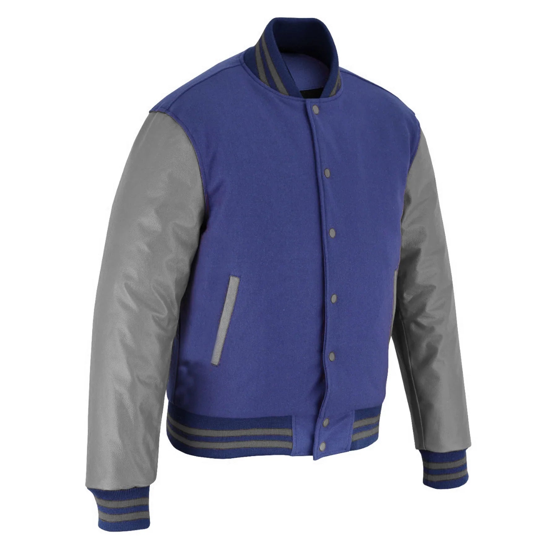 Classic Varsity Letterman Jacket light Navy Wool with Gray Genuine Leather Sleeves