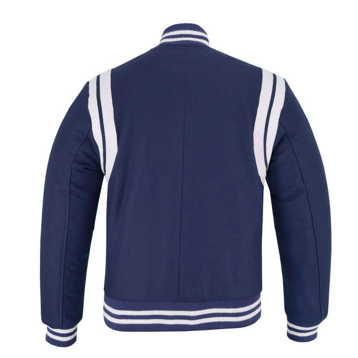 Classic Varisty Letterman Baseball College Jacket Navy Wool with White Double Leather Strip