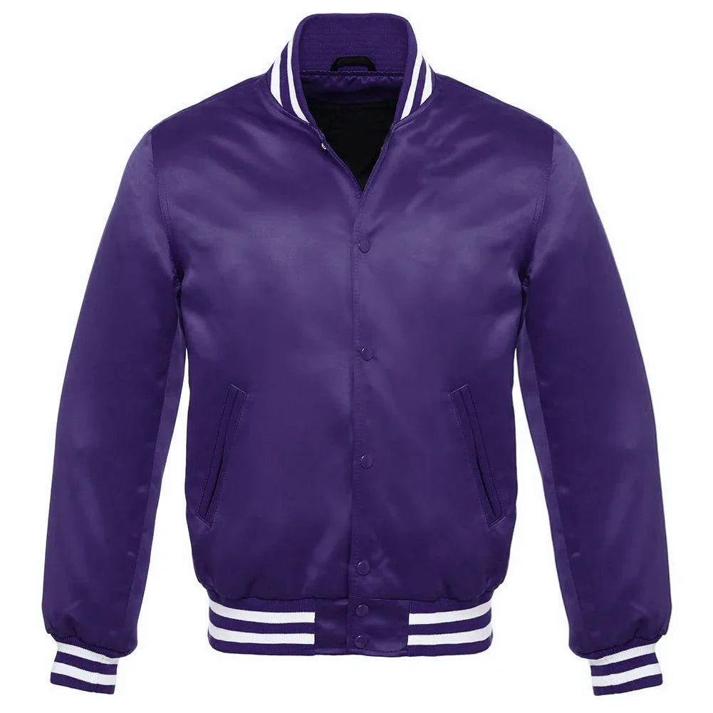 Satin Jacket Vintage Style Letterman Baseball Brown Bomber Jacket with White Trim