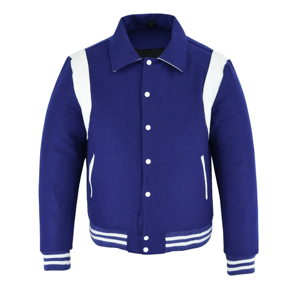 Classic Varsity Letterman Baseball College Jacket Navy Wool with White Single Leather Strip