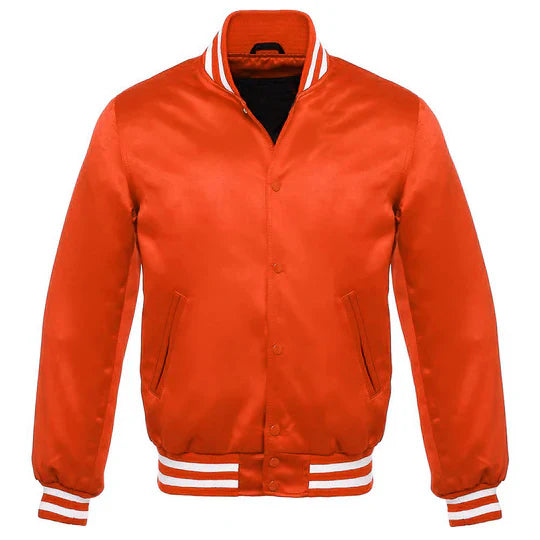 Satin Jacket Vintage Style Letterman Baseball Orange Bomber Jacket with White Trim