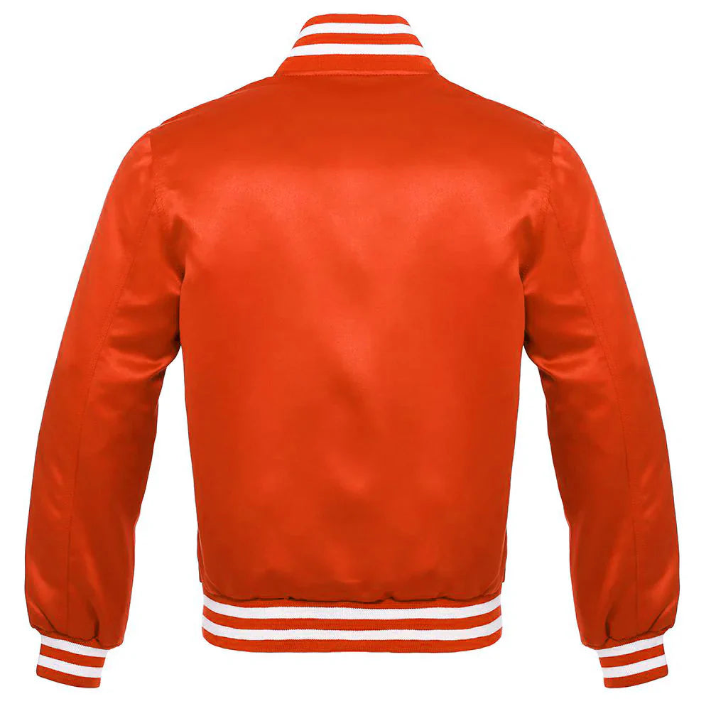 Satin Jacket Vintage Style Letterman Baseball Orange Bomber Jacket with White Trim