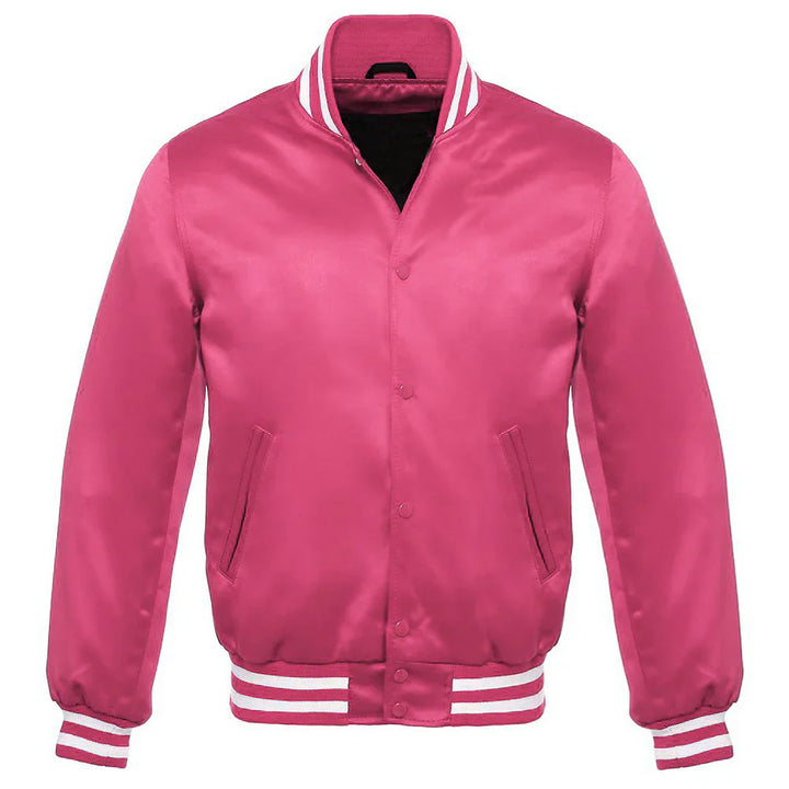 Satin Jacket Vintage Style Letterman Baseball Pink Bomber Jacket with White Trim