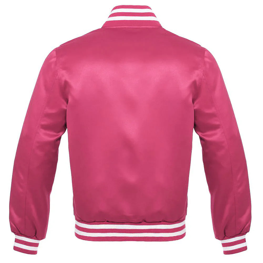 Satin Jacket Vintage Style Letterman Baseball Pink Bomber Jacket with White Trim