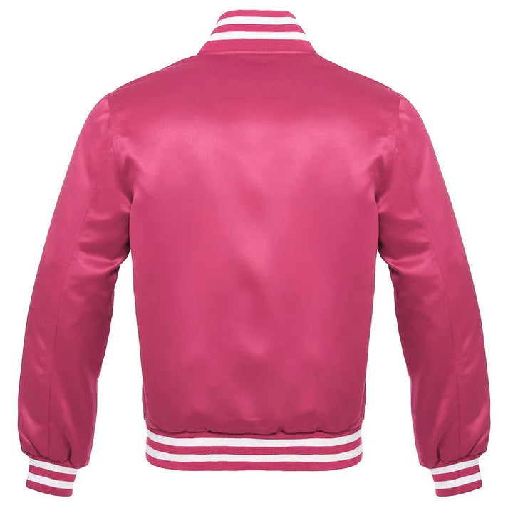 Satin Jacket Vintage Style Letterman Baseball Pink Bomber Jacket with White Trim