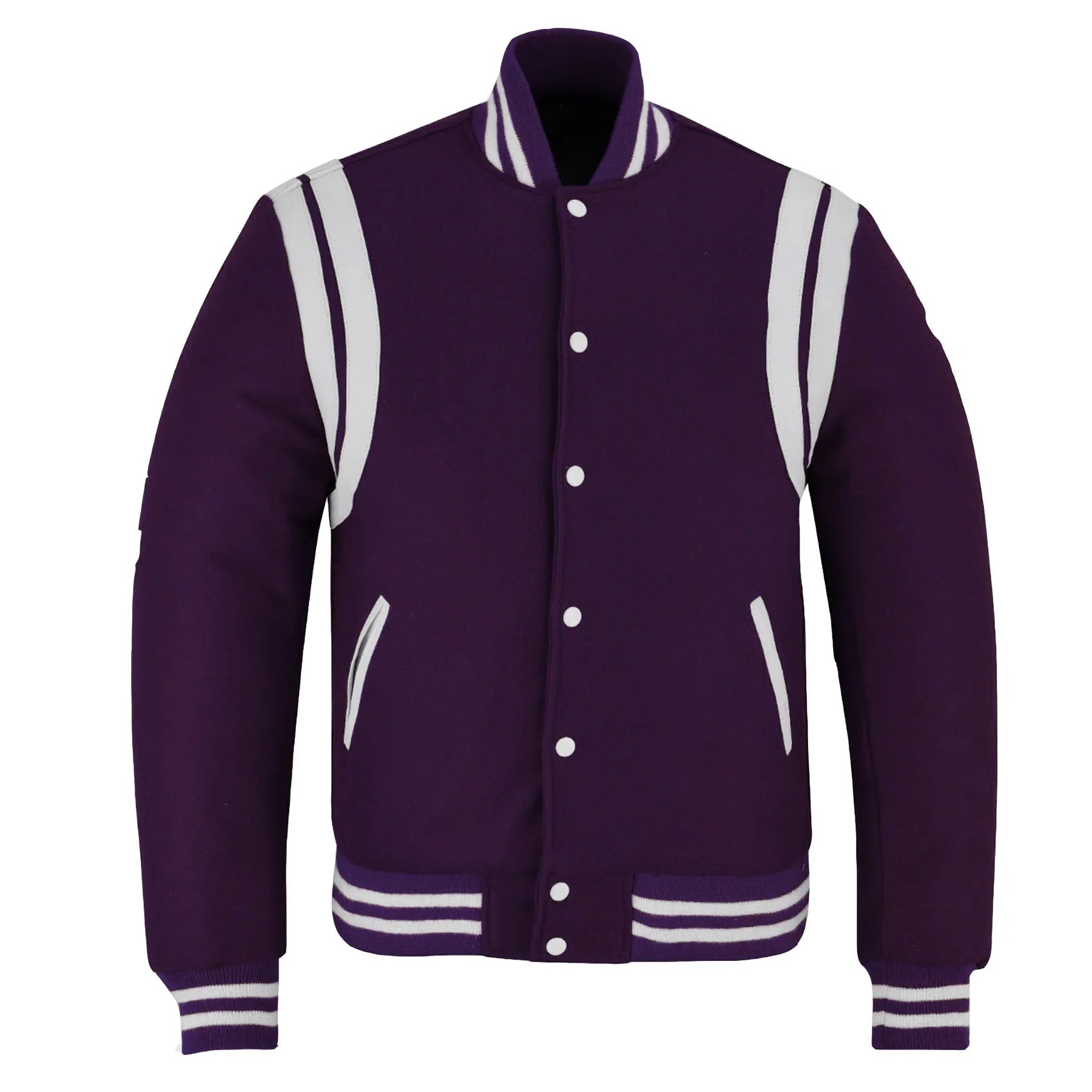 Classic Varsity Letterman Baseball College Jacket Purple Wool with White Double Leather Strip