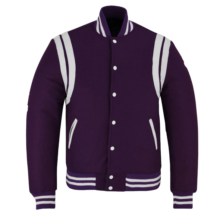 Classic Varsity Letterman Baseball College Jacket Purple Wool with White Double Leather Strip