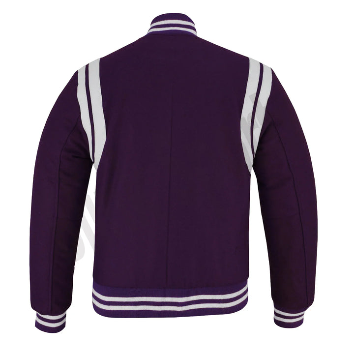 Classic Varsity Letterman Baseball College Jacket Purple Wool with White Double Leather Strip