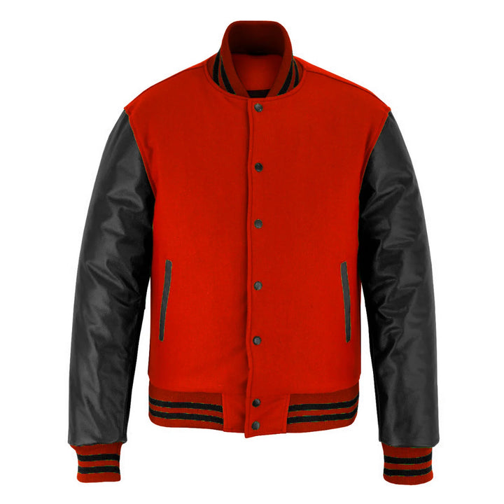 Classic Varsity Letterman Jacket Red wool with Black Genuine Leather Sleeves