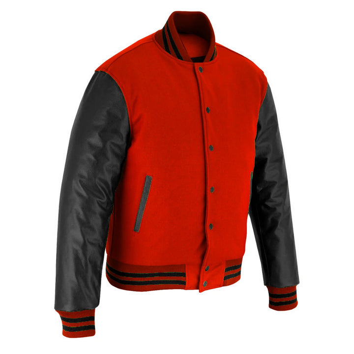 Classic Varsity Letterman Jacket Red wool with Black Genuine Leather Sleeves