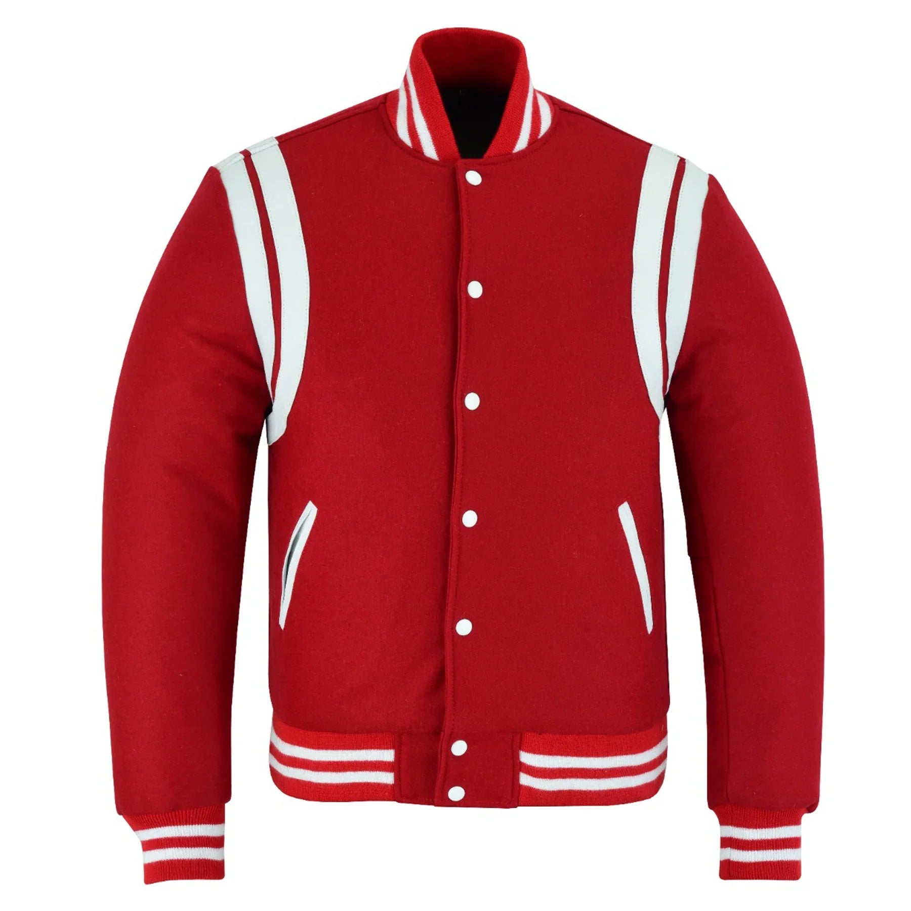 Classic Varisty Letterman Baseball College Jacket Red Wool with White Double Leather Strip