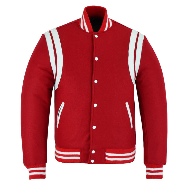 Classic Varisty Letterman Baseball College Jacket Red Wool with White Double Leather Strip