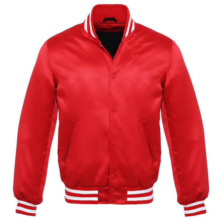 Satin Jacket Vintage Style Letterman Baseball Red Bomber Jacket with White Trim