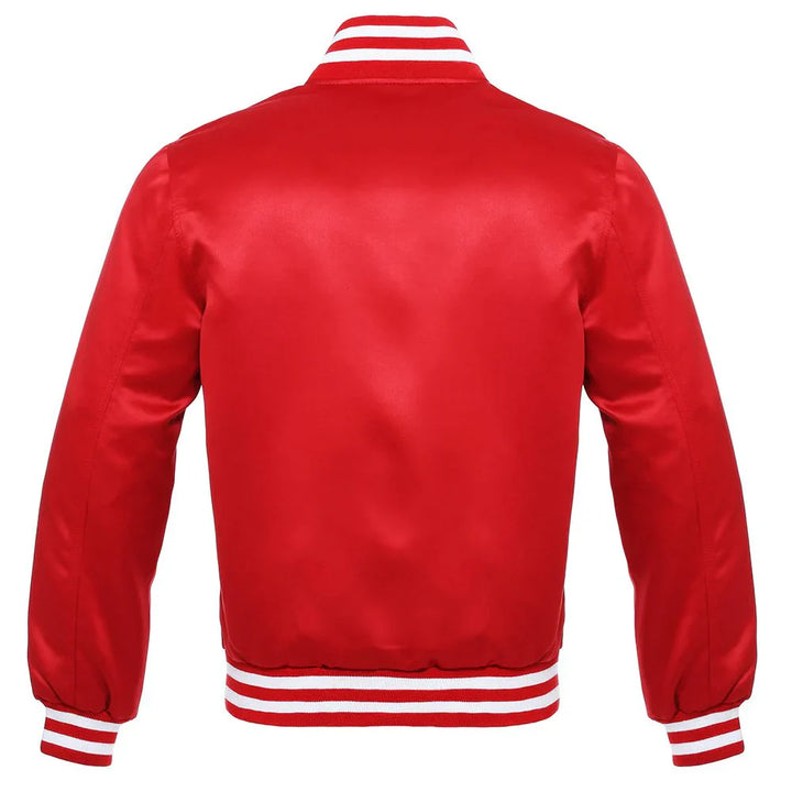 Satin Jacket Vintage Style Letterman Baseball Red Bomber Jacket with White Trim