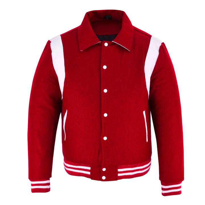 Classic Varsity Letterman Baseball College Jacket Red Wool with White Single Leather Strip