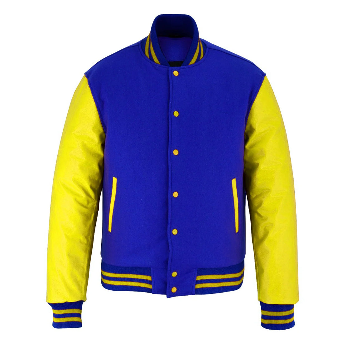 Classic Varsity Letterman Jacket Royal blue Wool with Yellow Genuine Leather Sleeves