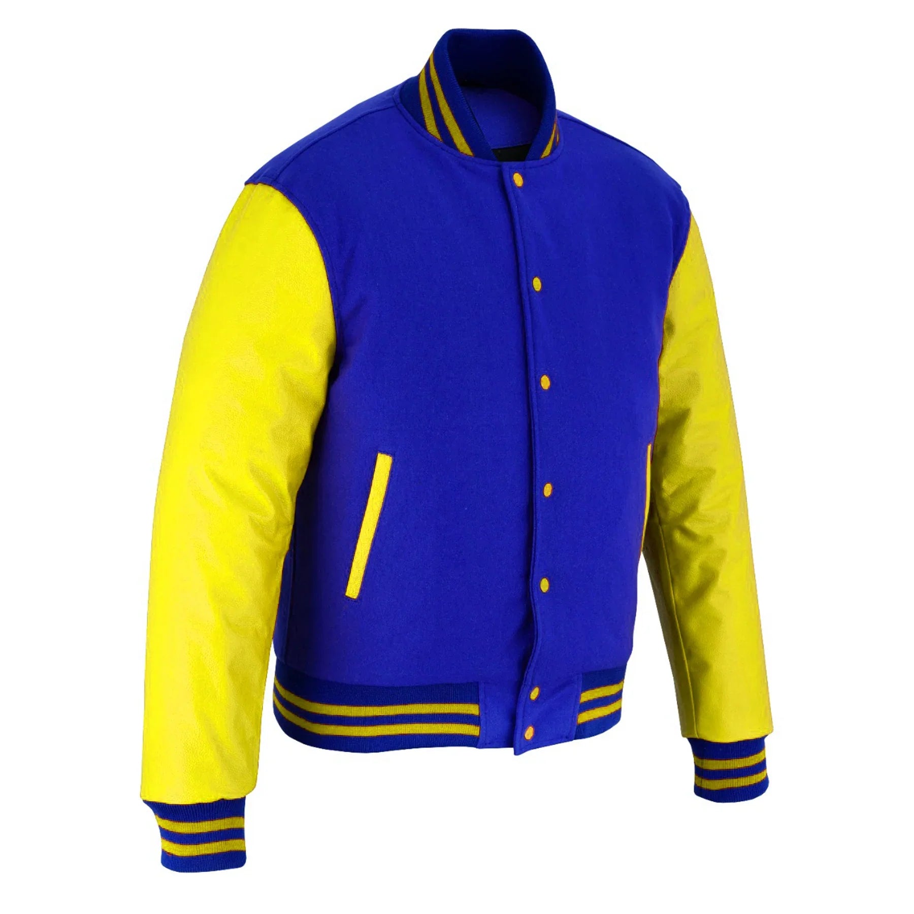 Classic Varsity Letterman Jacket Royal blue Wool with Yellow Genuine Leather Sleeves