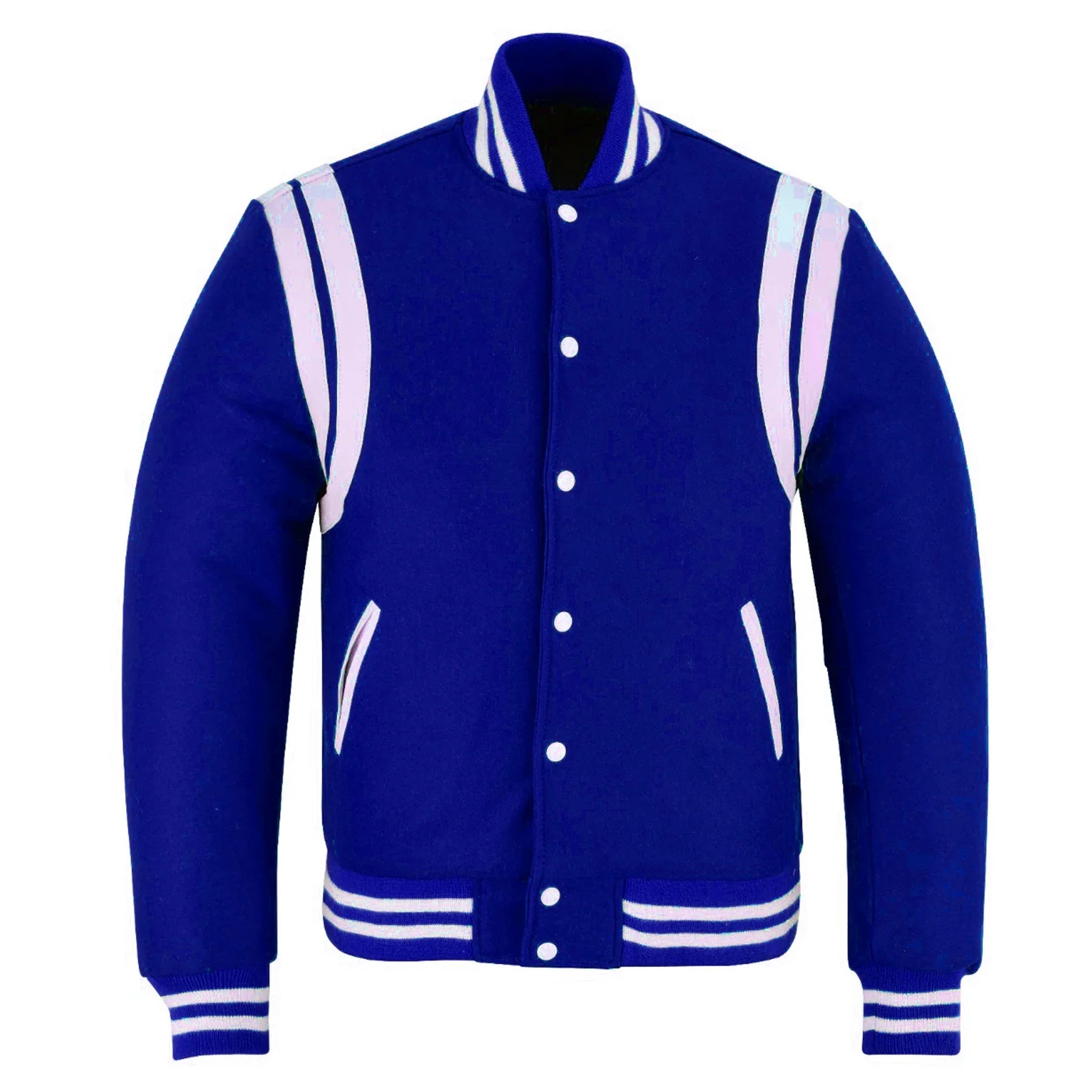 Classic Varisty Letterman Baseball College Jacket Royal Blue Wool with White Double Leather Strip