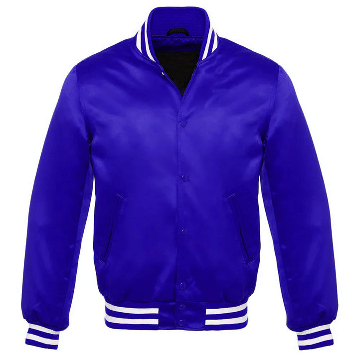 Satin Jacket Vintage Style Letterman Baseball Royal Bomber Jacket with White Trim