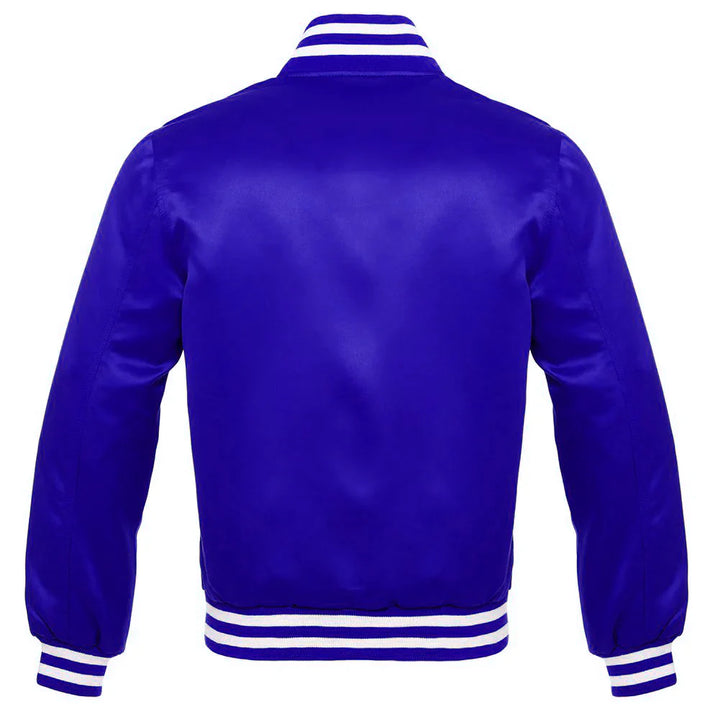 Satin Jacket Vintage Style Letterman Baseball Royal Bomber Jacket with White Trim