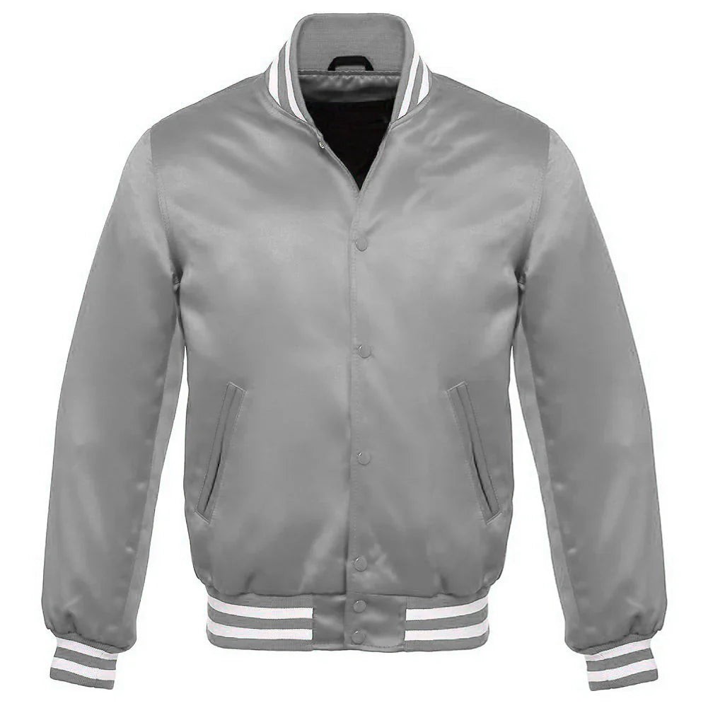 Satin Jacket Vintage Style Letterman Baseball Silver Grey Bomber Jacket with White Trim
