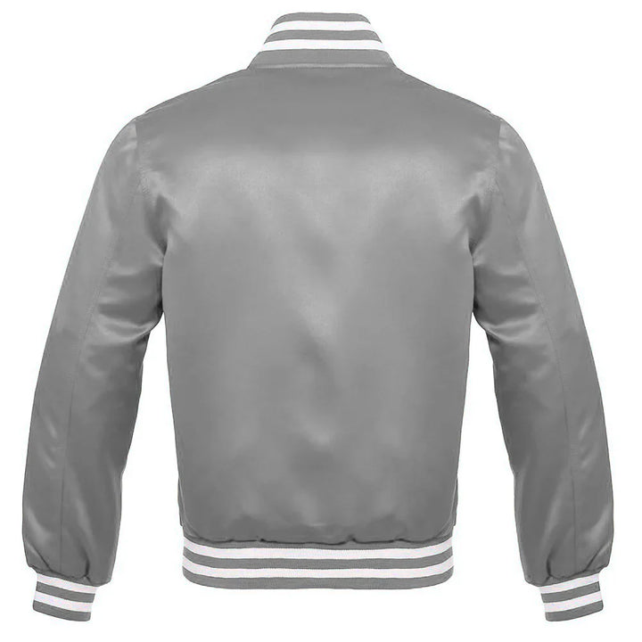 Satin Jacket Vintage Style Letterman Baseball Silver Grey Bomber Jacket with White Trim