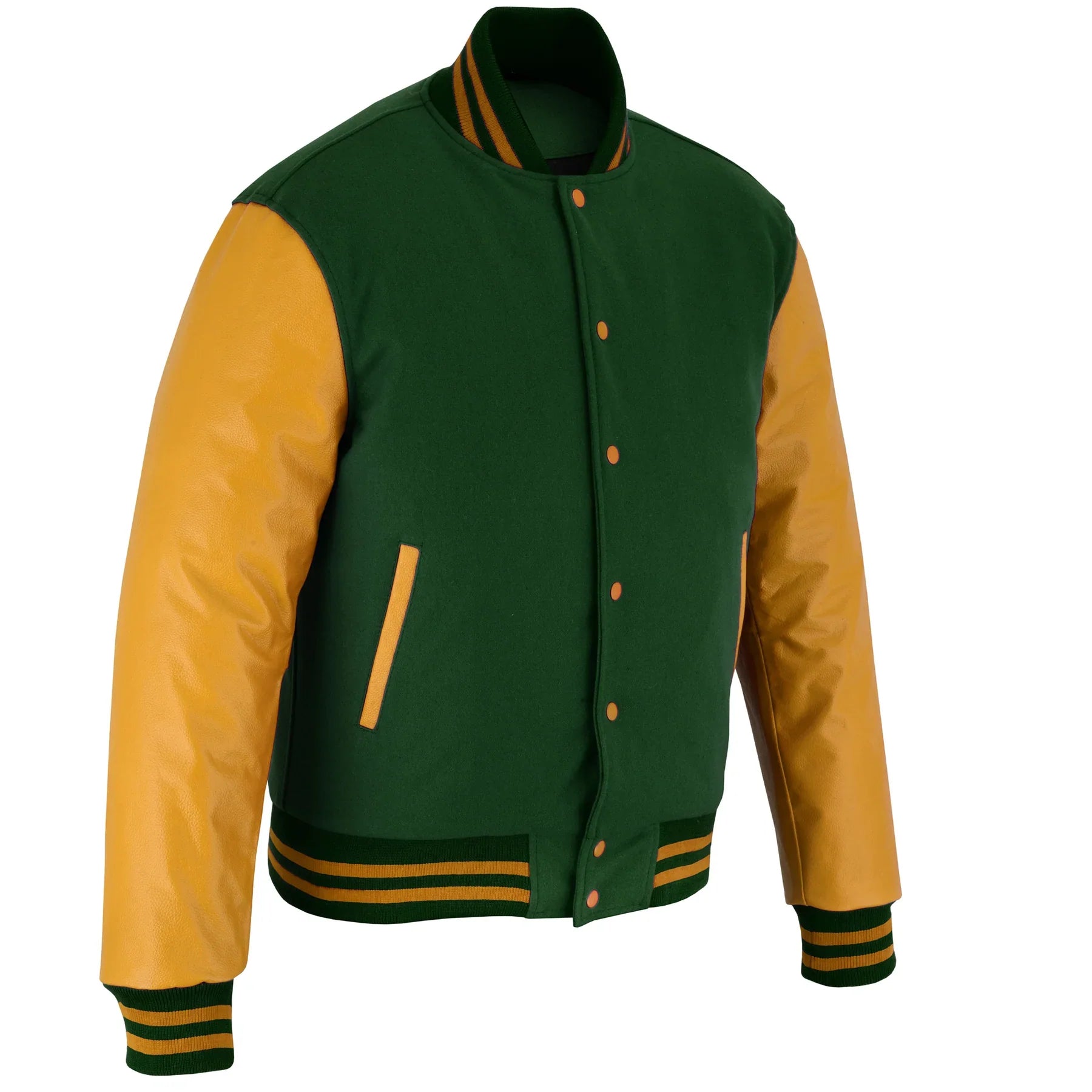 Classic Varsity Letterman Jacket Forest Green Wool with Black Genuine Leather Sleeves and trims