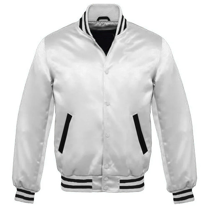 Satin Jacket Vintage Style Letterman Baseball White Bomber Jacket with Black Trim
