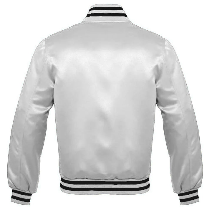 Satin Jacket Vintage Style Letterman Baseball White Bomber Jacket with Black Trim