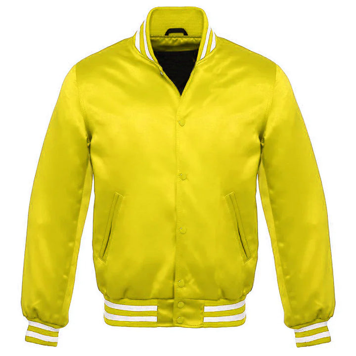 Satin Jacket Vintage Style Letterman Baseball Yellow Bomber Jacket with White Trim