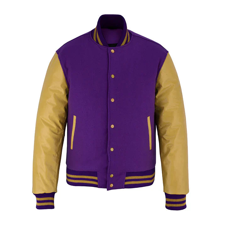 Classic Varsity Letterman Jacket Purple Wool with Beige Genuine Leather Sleeves and trims