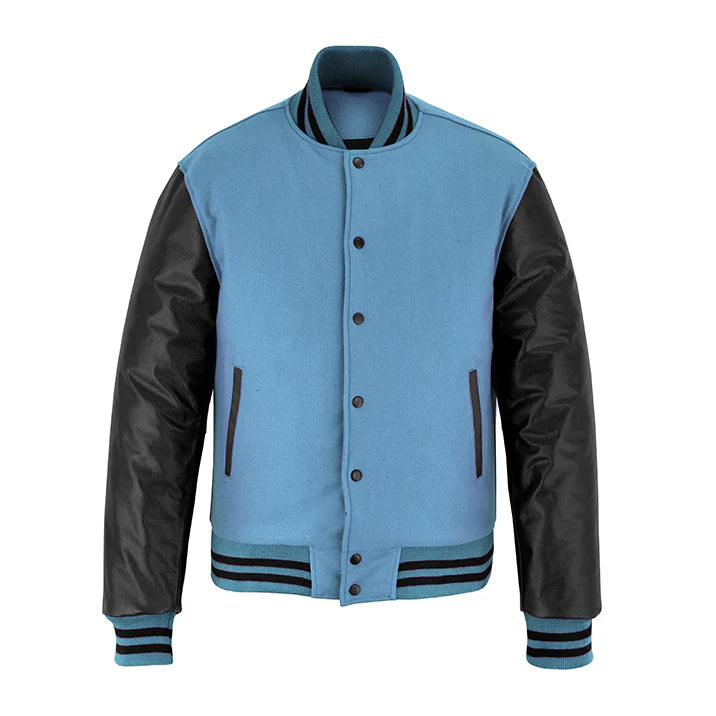 Classic Varsity Letterman Jacket Sky Blue Wool with Black Genuine Leather Sleeves and trims