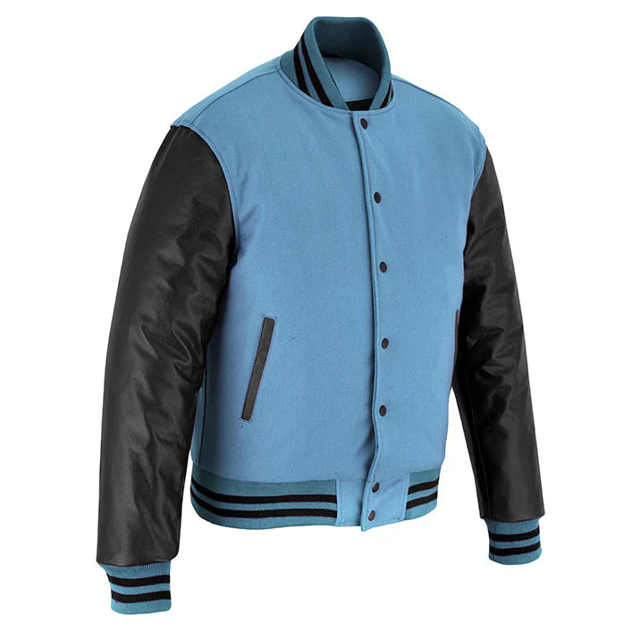 Classic Varsity Letterman Jacket Sky Blue Wool with Black Genuine Leather Sleeves and trims