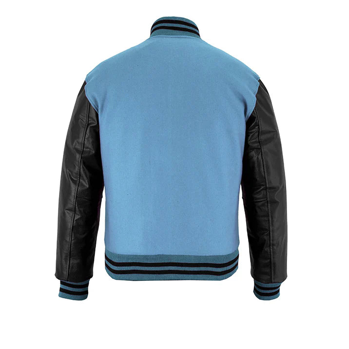 Classic Varsity Letterman Jacket Sky Blue Wool with Black Genuine Leather Sleeves and trims