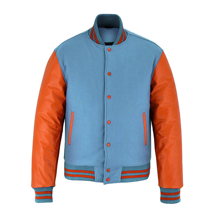 Classic Varsity Letterman Jacket Sky Blue Wool with Orange Genuine Leather Sleeves and trims