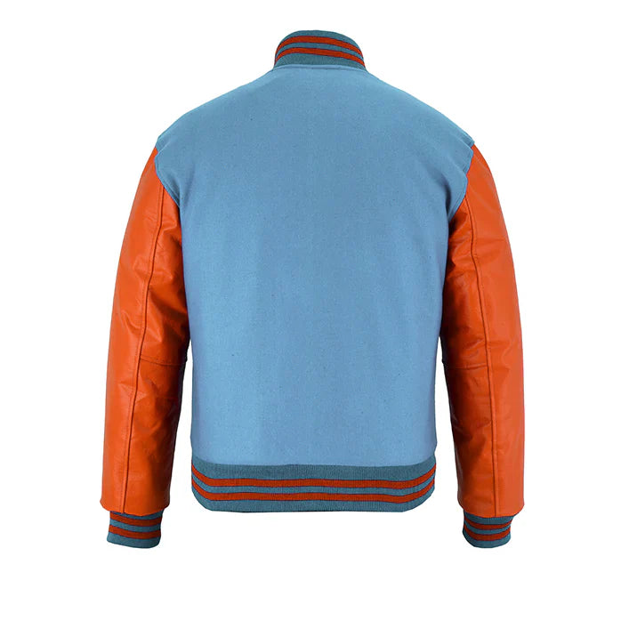 Classic Varsity Letterman Jacket Sky Blue Wool with Orange Genuine Leather Sleeves and trims