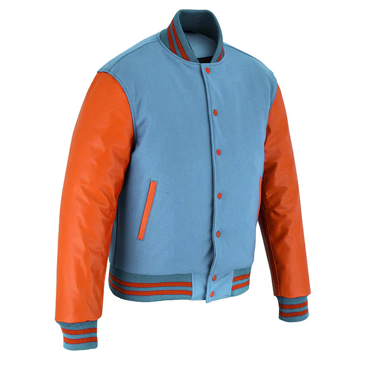 Classic Varsity Letterman Jacket Sky Blue Wool with Orange Genuine Leather Sleeves and trims