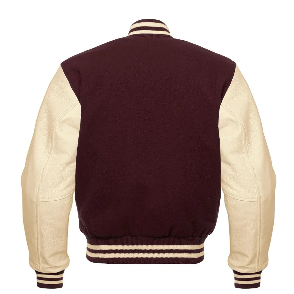 Classic Varsity Letterman Jacket Brown with Cream Cowhide Leather Sleeves